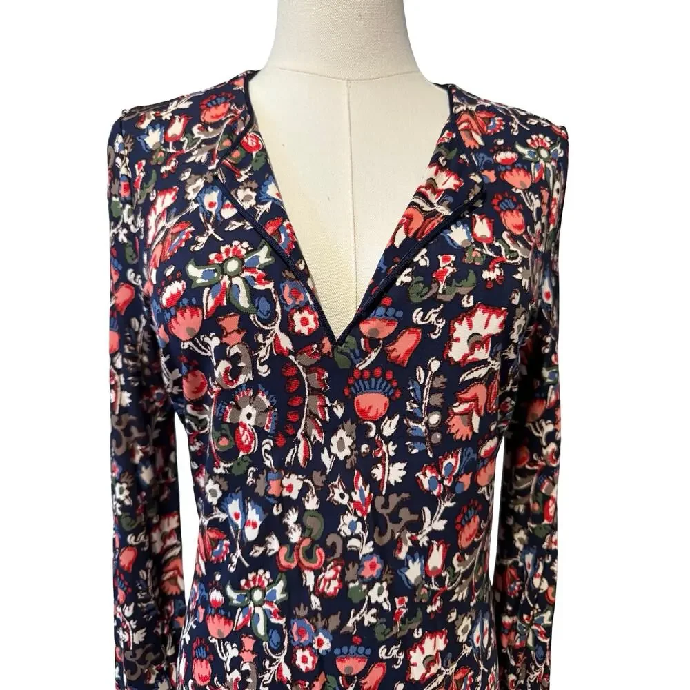 Tory Burch Navy Floral Shift Dress Long Sleeve Keyhole Neck Rayon Size small